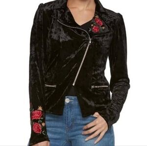 Disney Coco Moto Jacket Black Velvet Velour Embroidered Red Rose Juniors S